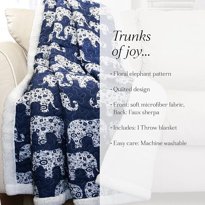Lush Decor Navy Elephant Parade Throw Fuzzy Reversible Sherpa Blanket 60” x 50 White