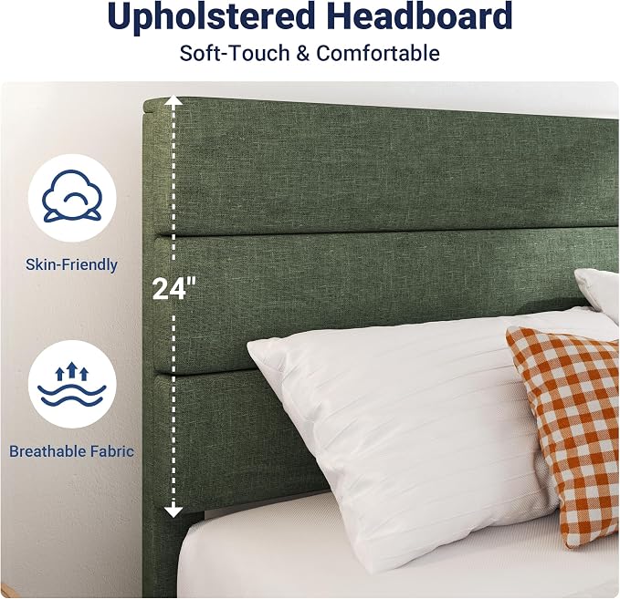 Allewie Queen Size Platform Bed Frame with Fabric Upholstered Headboard and Wooden Slats Support, Fully Upholstered Mattress Foundation/No Box Spring Needed/Easy Assembly, Green