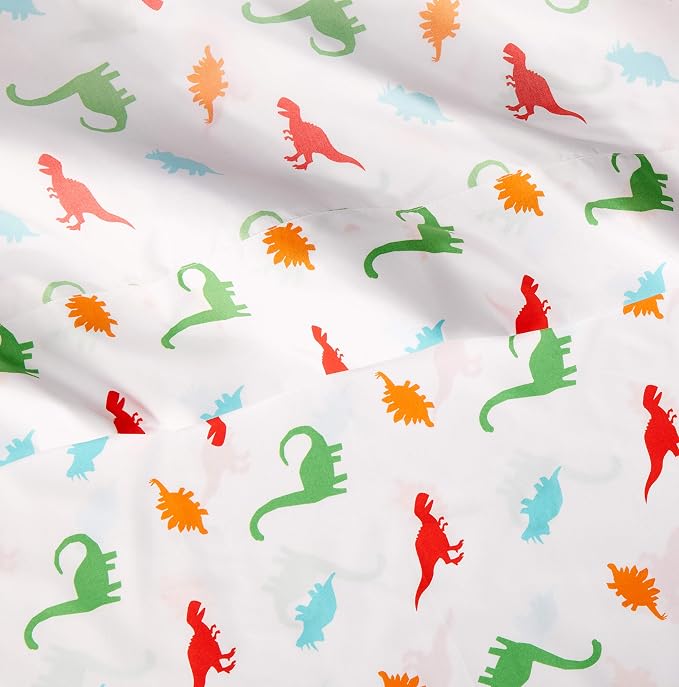 Amazon Basics Kid's Soft, Breathable, Easy-Wash Microfiber 3-Piece Sheet Set with Fitted Sheet, Twin, Multi-Color Dinosaurs, Animal Print
