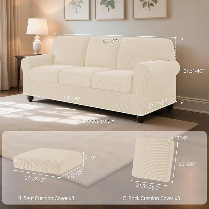 subrtex Slipcover Sets for Sofa, 7 Pieces Stretch Furniture Cover, Wear Resistant, Washable, Checkered Pattern, Ivory (Large)
