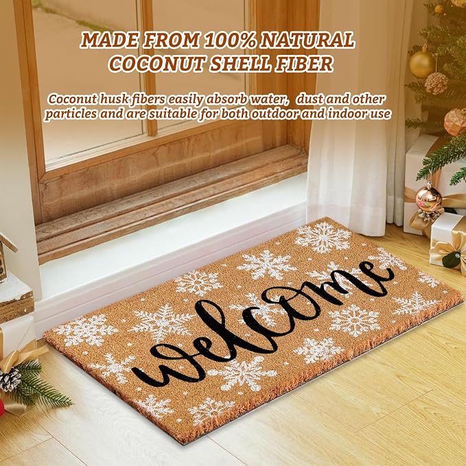 JarThenaAMCS Winter Natural Coir Doormat WhiteSnowflake Welcome Floor Mat Christmas Non-Slip Entrance Door Rug for Xmas Indoor Outdoor Home Bathroom Decor, 16.5 x 29 Inch