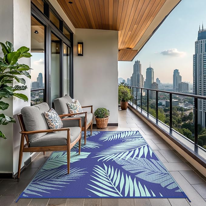 GENIMO Outdoor Rug, Waterproof Plastic Rugs for Patio, 8'x10' Navy Green | Outside Larger Leaf Carpet Mat for Porch Decor, Deck, Balcony, Camping, RV, Backyard, Picnic, Beach, Reversible, Foldable