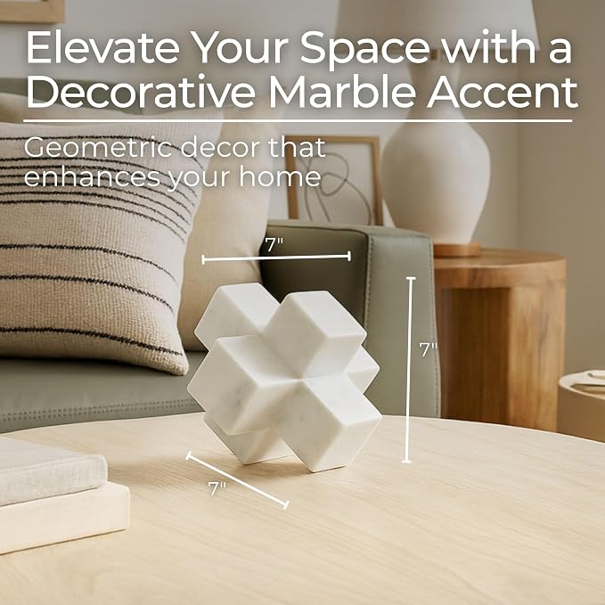 Geometric Cube Decorative Object – Marble Sculpture Modern Home Decor Ornament – Shelf Styling & Coffee Table Decor for Bathroom, Office & Living Room – 6.5", White