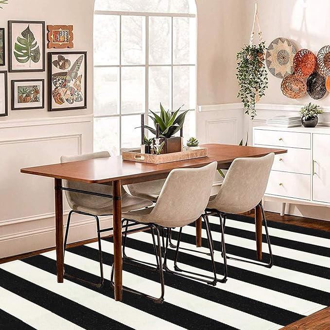Collive Black and White Rug 4'x 6', Washable Striped Outdoor Indoor Rug,Farmhouse Cotton Woven Layered Door Mat,Fall Front Porch Decor Door Mat for Front Door Patio Porch Living Room Kitchen