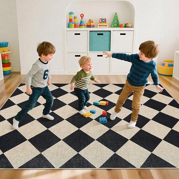 COZYLOOM Washable Area Rugs 5x7 Geometric Rug Modern Diamond Print Area Rug for Bedroom Non Slip Non Shedding Floor Cover Stain Resistant Contemporary Carpet for Living Room, Dining Room, Black