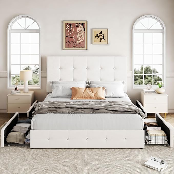 Allewie Upholstered Full Size Platform Bed Frame with 4 Storage Drawers and Adjustable Headboard, Square Button Tufted, Wooden Slats Support, Noise-Free, No Box Spring Needed, Easy Assembly, White