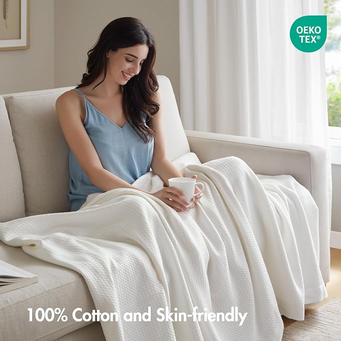 Madison Park 100% Egyptian Cotton Twin Size Bed Blanket for Summer White | Cozy Soft Breathable Durable, Waffle Weave Woven Casual, Lightweight Knit All Season Throw for Bed Couch or Sofa, OEKO TEX