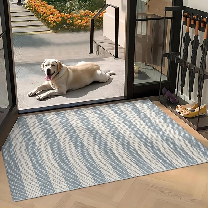 LEEVAN Coastal Outdoor Patio Rug 3x5 Washable Striped Front Porch Mat | Spring Colorful Outside Entryway Rug, Woven Welcome Doormat Blue White Tan Buffalo Backyard Layered Mat for Entrance/Doorway