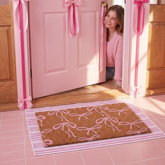 Moucuny 2 Pcs Pink Bow Coir Doormat Outdoor 16 x 28 Inches Coquette Welcome Door Mat 24 x 35 Inche Pink and White Striped Rug Non Slip Bow Coquette Coir Mats for Front Door Porch Entryway Decor
