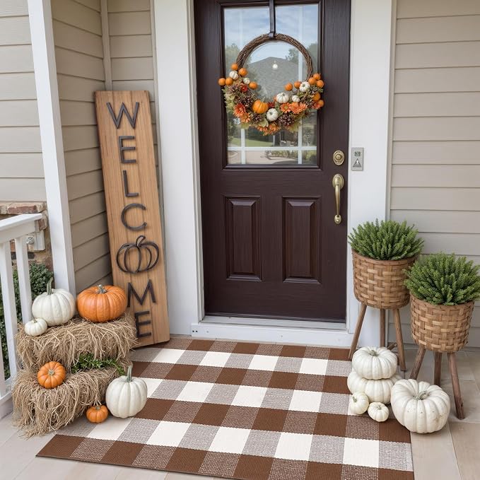 Collive Buffalo Plaid Checkered Outdoor Rug, Fall Autumn Decor Door Mat, 27.5x43 Inches Coffee and White Front Door Rug Outside Entrance, Washable Welcome Layered Doormat for Porch Entryway Patio