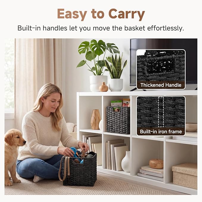 StorageWorks 9 inch Cube Storage Bins,Wicker Storage Cubes,Black Basket | 2-Pack,Handwoven Wicker Basket for Storage,Foldable Paper Rope Baskets for Organizing,Black Storage Bins,Cube Storage Bins