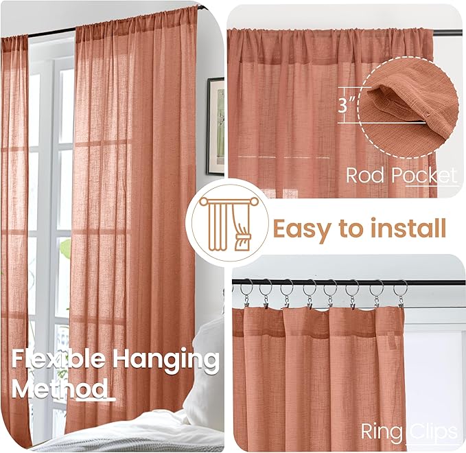 BGment Short Terracotta Linen Curtains 30 Inch Length for Kitchen Window, Semi Sheer Fall Drapes for Cafe Over Sink Half Decor Rustic Textured Rod Pocket Lightweight, 2 Panels, Each 30 Inch Wide
