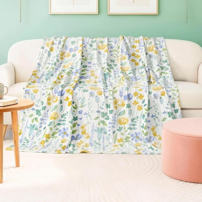 Oversized Plush Throw Blanket 60" x 70", Talia Floral Chambray Blue