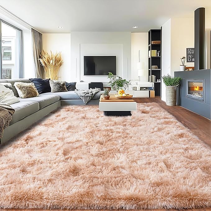 Pionblank 8x10 Rug for Living Room, Fuzzy Plush Large Area Rug, Fluffy Modern Shag Non Slip Soft Furry Carpet for Bedroom Kids Room Nursery Teens Dorm Home Decor, Tie-Dyed Beige