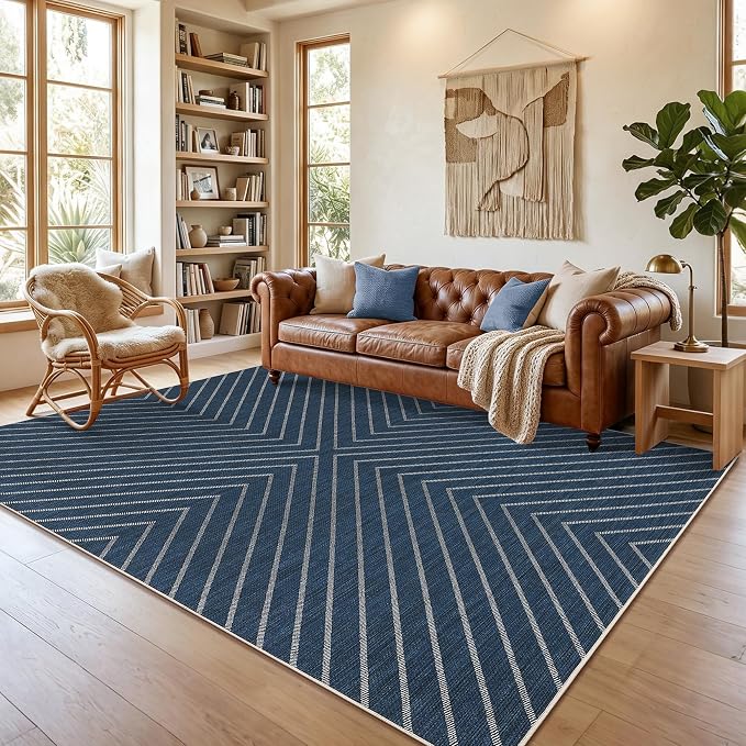 Garvee Easy Jute 4x6 Rug for Patio, Washable Non-Slip Striped Navy Indoor Outdoor Carpet,Boho Farmhouse Area Rug Low Pile Non Shedding Throw Mat for Front Porch Kitchen Bedroom Foyer 4'x6'