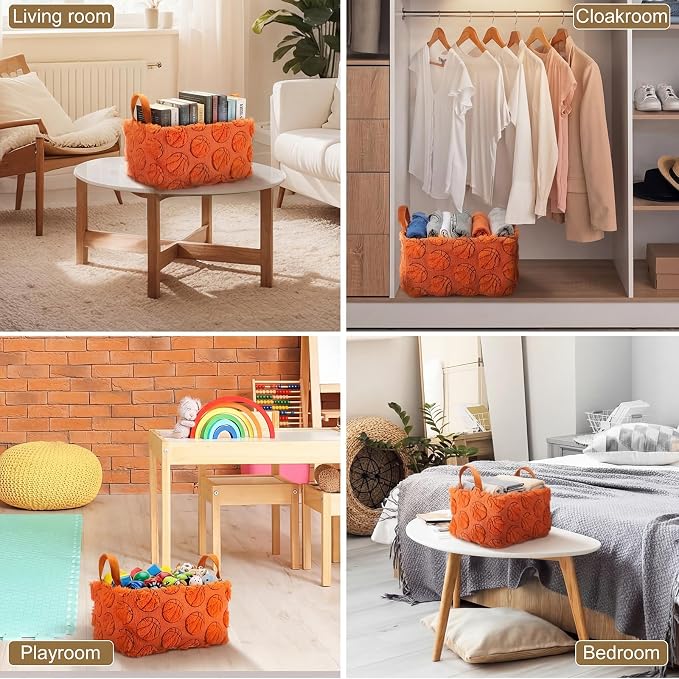2 Pcs Basketball Storage Basket 14x10'' Back to School Gift Basket | Sport, Foldable, Fluffy, Laundry, Storage Bin with Handle, Closet Organizer, Preppy Dormitory, Countertop Tabletop Shelf