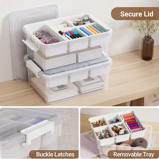 80Qt Stackable Storage Bins with Lids & Trays, Clear Plastic Latching Boxes Organizers with Dividers Portable 20Gal Containers for Arts & Crafts, Home and Car Trunk Organization, 4Pack