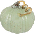 Boston International Handblown Art Glass Pumpkin Thanksgiving Halloween Decorations for Home, Large, Seafoam & Gold Speckled
