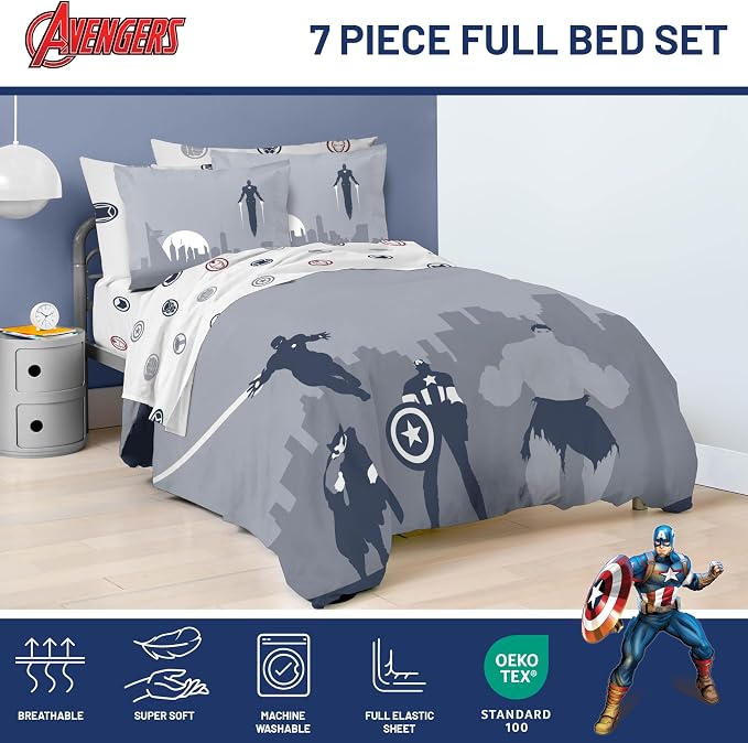 Marvel Avengers Full Comforter Set 7 Piece Soft Bedding for Boys, Blue | Captain America Iron Man, Bed in a Bag, Comforter Sheets Shams Pillowcases, Soft Microfiber, Machine Washable, Boys Gift
