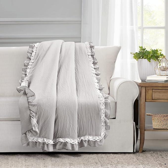 Lush Decor Ella Ruffle Lace Throw Blanket, 50" W x 60" L, Light Gray - Coquette Throw Blankets for Bed - Couch Blanket - Ruffled Throw Blanket for Couch