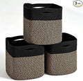 ICERZCZ 11 Inch Cube Storage Bins, Storage Cube Organizer Bins, Woven Cotton Rope Baskets for Storage, Storage Basket for Organizing Shelves, Square Baskets for Toys Nursery, Black & Jute (Pack of 3)