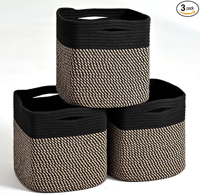ICERZCZ 11 Inch Cube Storage Bins, Storage Cube Organizer Bins, Woven Cotton Rope Baskets for Storage, Storage Basket for Organizing Shelves, Square Baskets for Toys Nursery, Black & Jute (Pack of 3)