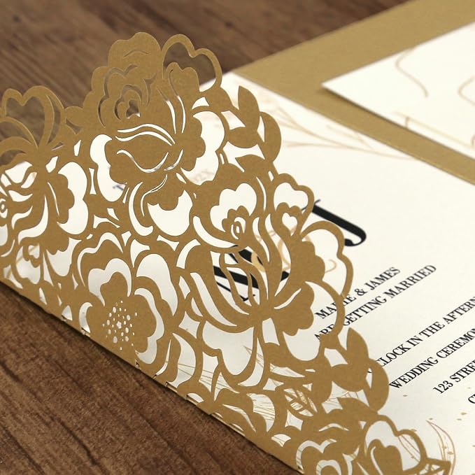 DORIS HOME Laser Cut Wedding Invitation Pockets, Gold, 5"x7" | 50pcs, With Envelopes, For Wedding & Anniversary, No Inserts Included