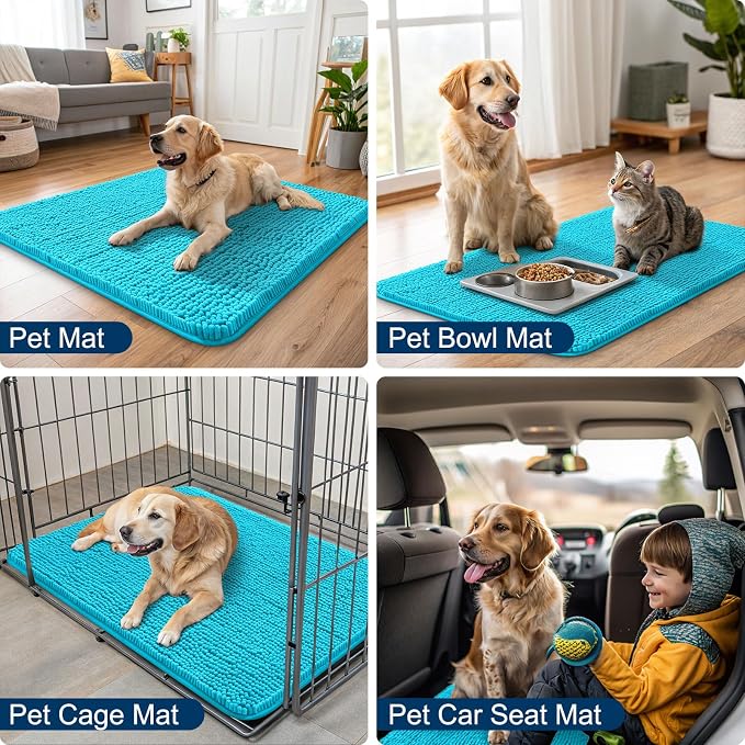 Smiry Dog Door Mat for Muddy Paws 70x32, Absorbent Dirt Trapper, Non-Slip Washable Chenille Entryway Rug for Inside Floor, Aqua Blue, Classic Solid