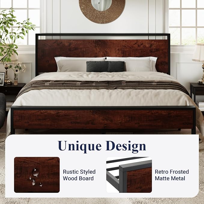 Allewie King Size Bed Frame, Heavy Duty 12 Metal Slats Support, Mahogany | Wooden Headboard and Footboard, Modern Platform Bed, No Box Spring Needed, Under-Bed Storage, Noise Free, Easy Assembly