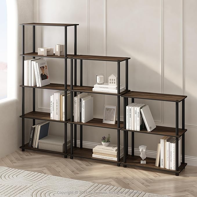 Furinno Turn-N-Tube Book Shelf, 3-Tier Bookshelf, Bookcase with Multipurpose Compact Display Rack, 11.6 x 23.6 x 29.6, for Living Room, Bedroom, Home Office, Columbia Walnut/Black