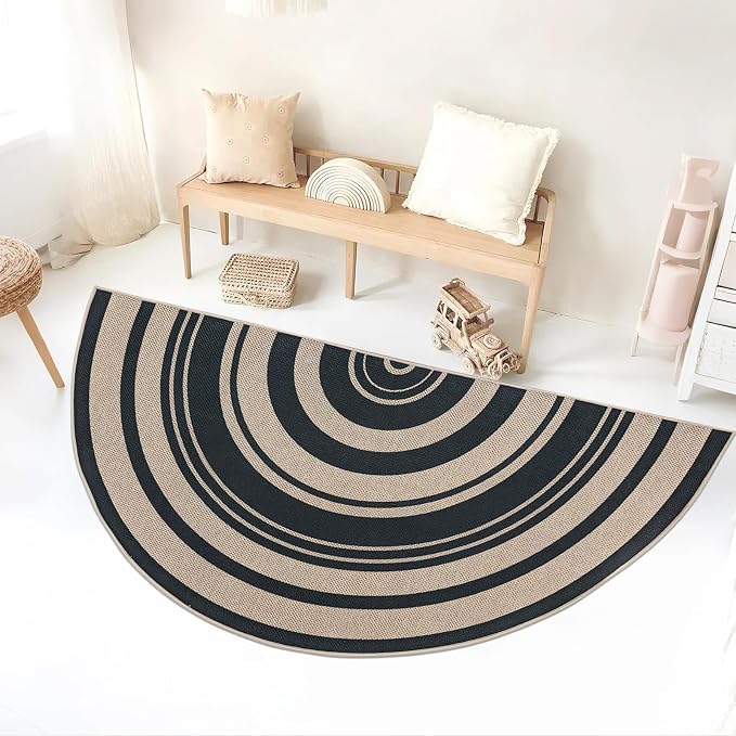 Easy Jute Rug 3x6Ft Half Circle Rainbow Carpet for Farmhouse Bedroom Carpet, Non-Slip Half Round Thin Neutral Floor Mat for Living Room Patio Kids Room Kitchen, Indoor Outdoor, Black 1