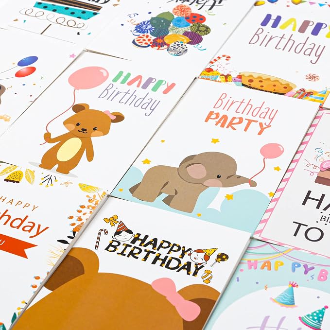 feela Birthday Cards Bulk, 240 Pack 40 Designs Happy Birthday Card Assortment Box with 240 Blank Envelopes, 252 Pieces of Stickers, 9 Washi Tapes, Greeting Cards for Employees Family, 4” X 6”