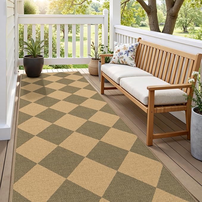 Lessymo Checkered Runner Rug 2.6x8 for Hallway, Washable Kitchen Runners | Non Slip Easy Jute for Entryway, Farmhouse Geometric Indoor Carpet Outdoor Rugs for Patio Backyard Porch, Diamond Brown/Beige