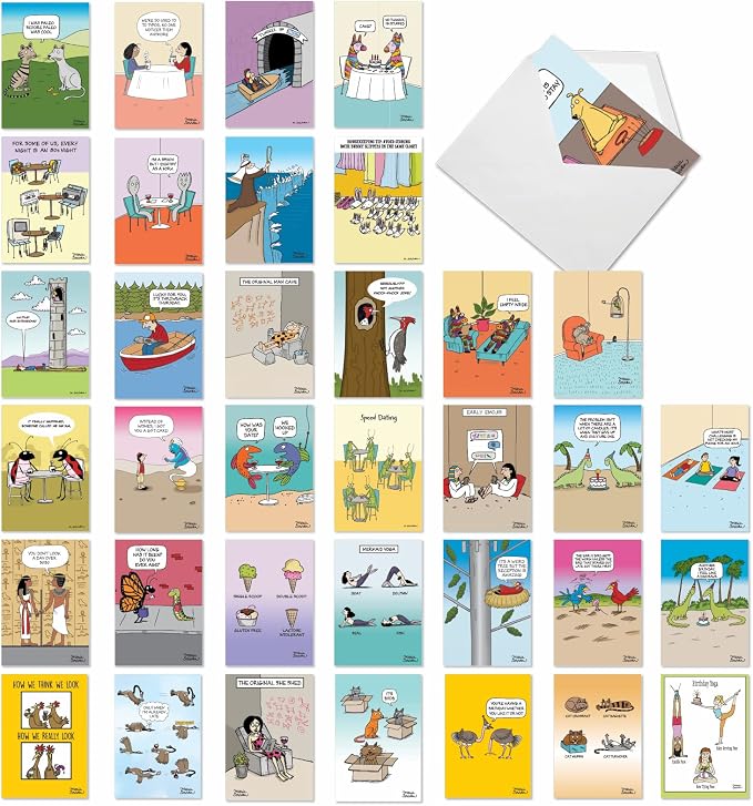 NobleWorks 36 Assorted Funny Birthday Cards Bulk Box Set with Envelopes, Rich Humor Cartoons Greeting Card Variety Pack for Men and Women (36 Designs, 1 Each) Celebrations AC7741BDG-B1x36