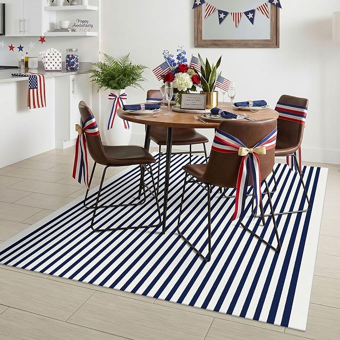 KILOCOCO Blue White Striped Rug 4x6 ft Front Door Mat Outdoor Washable Rug