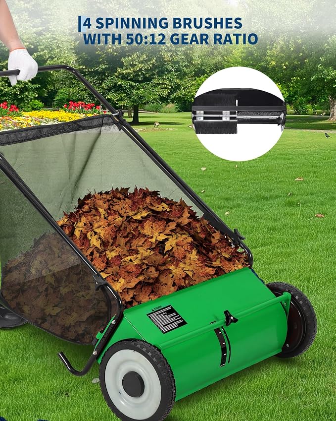 26-Inch Push Lawn Sweeper, 7 Cu. Ft. Hopper Capacity Leaf & Grass Collector with 4 Spinning Brushes, Adjustable Height, for Grass Clippings, Leaves & Debris, Green
