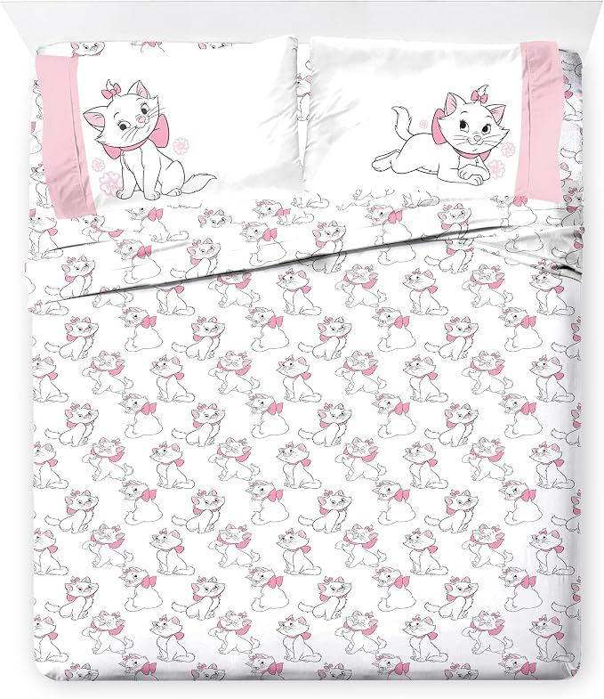 Disney Aristocats Marie Queen Comforter Set 7 Piece Kids Bedding, White | Bed in a Bag, Comforter Sheets Shams Pillowcases, Official Brand, Soft Microfiber, Machine Washable, Girls Gift