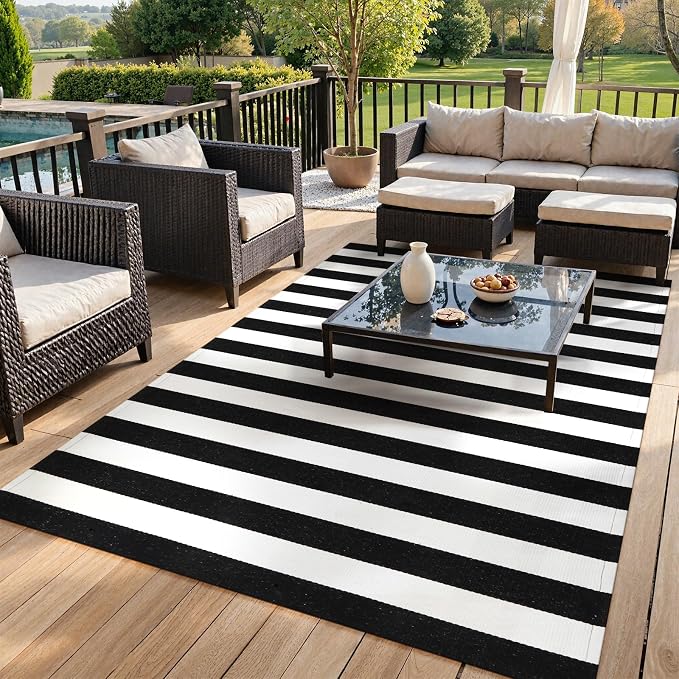 Collive Black and White Striped Rug 5' 7" x 7' 7" Washable Large Patio Rug Cotton Hand Woven Indoor Outdoor Rug Farmhouse Rug Floor Carpet for Porch Decor Backyard Dining Room Entryway