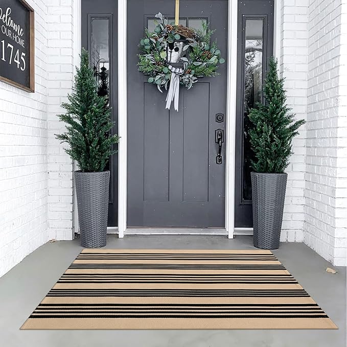 KIMODE Striped Outdoor Rug 3'x 5',Washable Reversible Striped Outdoor Patio Rugs,Cotton Hand Woven Farmhouse Welcome Layered Door Mats for Front Door Entryway Porch Fall Decor Black and Khaki