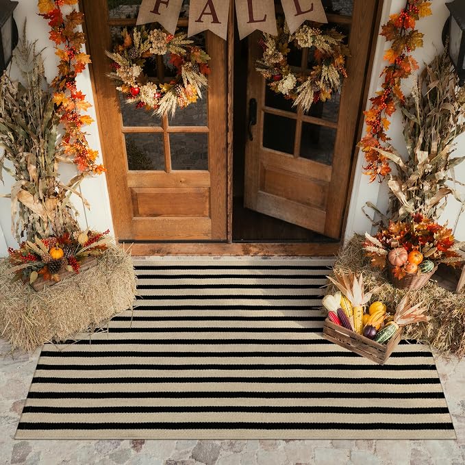 KIMODE Black and Khaki Striped Outdoor Rug 3'x 5', Washable Reversible Fall Outdoor Patio Rugs, Cotton Hand-Woven Farmhouse Welcome Layered Door Mats for Front Door, Entryway, Porch Decor