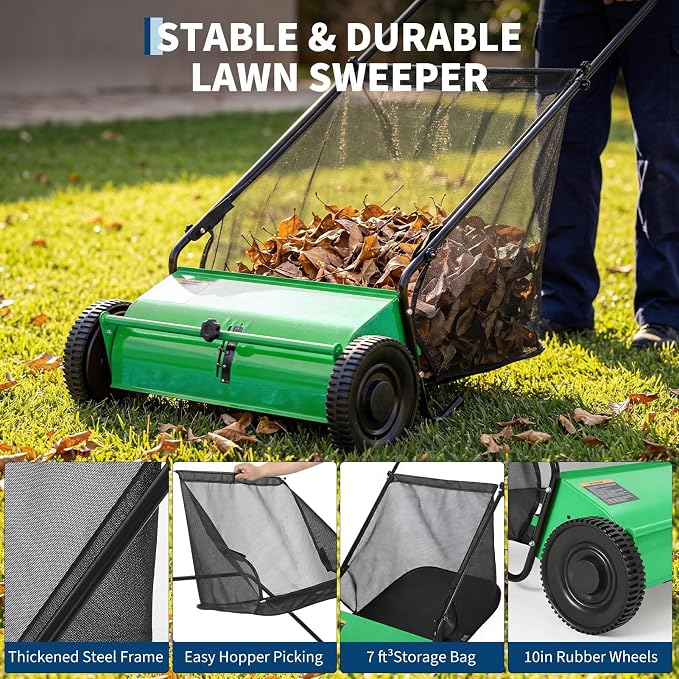 26 Inch Push Lawn Sweeper with 7 Cu ft Hopper Bag | Heavy Duty Walk Behind Leaf Collector and Yard Sweeper, Carbon Steel Push Lawn Sweeper for Garden Grass,
