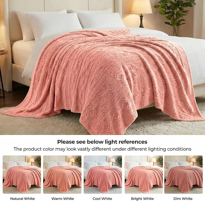 Superior Fleece Boho Jacquard Blanket, Decorative Blankets for Bedroom, Sofa, Fuzzy, Plush, Fluffy, Soft, Cute Room Decor, Beautiful Cover, Comfort Essentials, Arctic Collection, Throw, Blush