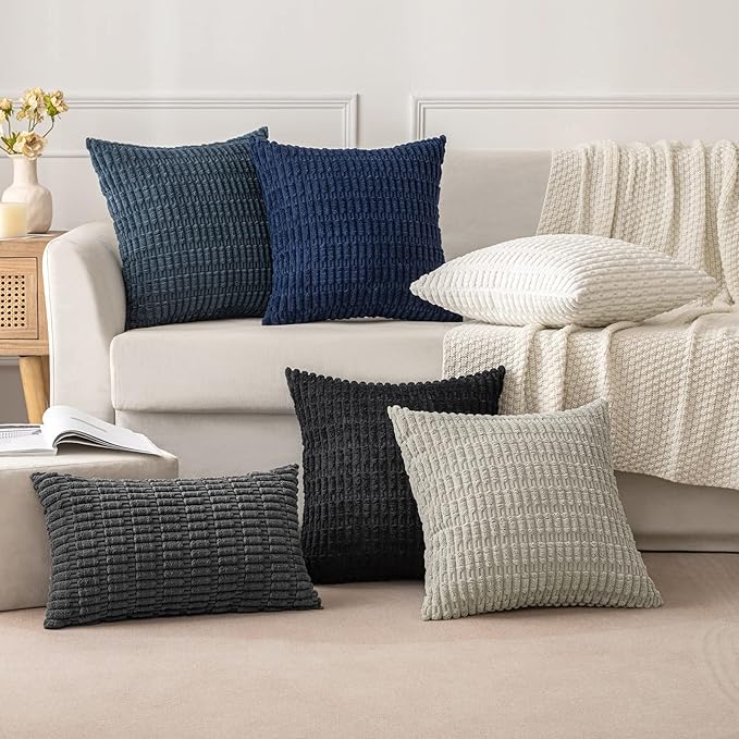 MIULEE Pack of 2 Corduroy Decorative Lumbar Throw Pillow Covers 20x12 Inch Soft Boho Striped Pillow Covers Modern Farmhouse Home Decor for Summer Coastal Sofa Living Room Couch Bed Blue
