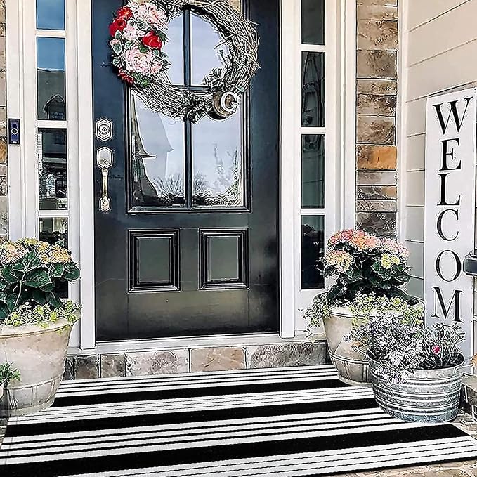 BUAGETUP Black and White Outdoor Rug 3'x 5' Cotton Woven Washable Rug Striped Front Porch Rug Area Rug Floor Mat for Farmhouse/Layered Door Mats/Living Room