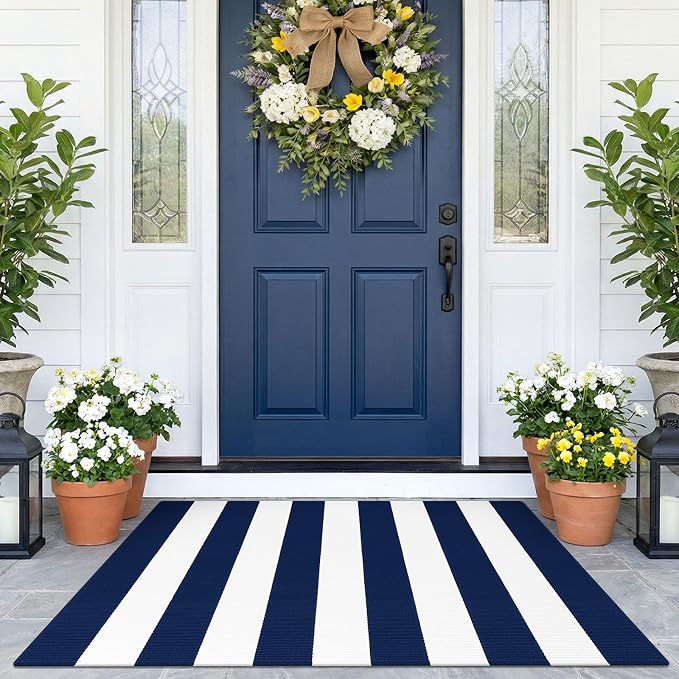 KOZYFLY Striped Rug 2.3x3.6 ft Navy White Front Door Rugs Cotton Woven Washable Indoor Outdoor Rug for Entryway Porch Kitchen Patio Decor Striped Layered Doormats