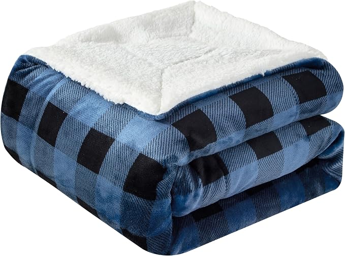 Elegant Comfort Luxury Ultra-Plush Velvet Touch Buffalo Plaid Fleece Throw - Soft, Warm, Cozy Micromink Sherpa-Backing Reversible Blanket for Bed, Sofa and Couch, Buffalo Blue