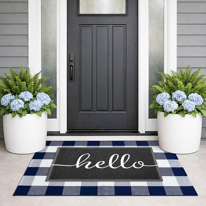 KILOCOCO Buffalo Plaid Checkered Rug 27.5x43 in Blue White Front Door Rug | Cotton Woven Outdoor Rug, Machine Washable Front Door Mat, Indoor Entryway Rug, Low Pile Welcome Mats for Farmhouse