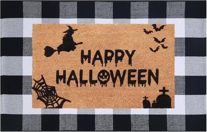 Halloween Decor Doormat Combo Set, 100% Coco Coir Welcome Mat + 3' x 5' Black and White Plaid Rug - Halloween Fall Front Porch Entryway Decor Floor Mat, Indoor Outdoor Autumn Mats Happy Halloween