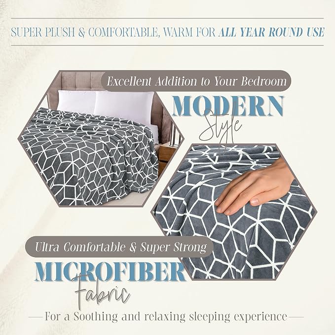 Elegant Comfort Luxury Velvety Feel Blanket, All-Season Lightweight Blanket, Ultra Plush, Soft, Cozy-Fuzzy Flannel Fleece for Couch, Sofa, Bed, Travel, Cube Design, Full/Queen, Gray