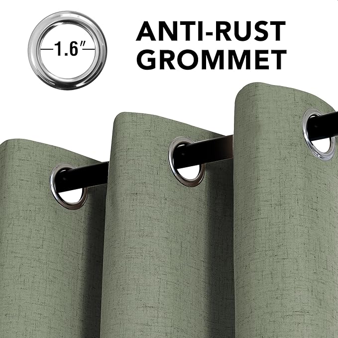 H.VERSAILTEX Linen Curtains 100% Blackout Curtains for Bedroom 96 inch Long Full Light Blocking Nature Linen Blended Window Curtains for Living Room Nickel Grommet (2 Panels, Heathered Dried Sage)
